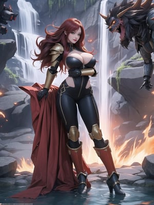 ((A demon woman)), has gigantic breasts, is wearing mecha costume+robotic armor with parts in red, totally black costume, she has ((super Saiyan hair)), red hair, spiky hair, hair with bangs covering her eyes, she is, in the underworld, with many machines large stone structures, waterfall with dirty water, monsters , warcraft, 16K, UHD, best possible quality, ultra detailed, best possible resolution, ultra technological, futuristic, robotics, Unreal Engine 5, professional photography, she is, ((sensual pose with interaction and leaning on anything + object + on something + leaning against)) + perfect_thighs, perfect_legs, perfect_feet, ((full body)), more detail, better_hands