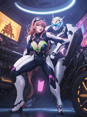 In impeccable 16K resolution, ultra-detailed, inspired by the Anime CGI style and the unmistakable design of Neon Genesis Evangelion. | A stunning bounty hunter stands out in an all-white mecha suit, with pink areas and neon yellow stripes, snugly fitting her body, accentuating her gigantic and firm breasts. Equipped with a cybernetic helmet featuring a glass visor, her long, curly pink hair, with an imposing fringe in front of her right eye, complements the look. Her firm and direct gaze at the viewer conveys determination. | The scene unfolds in a futuristic hangar filled with advanced machinery. An imposing giant mecha robot, a heavily armed vehicle, numerous computers, and machines with visible electrical currents, all displaying visible electrical current, fill the space. Strategically positioned windows offer glimpses of the exterior. | The composition highlights the protagonist as the focal point, while futuristic elements around her add depth to the scene. Meticulous details, visual effects, and the visible electrical current are accentuated by the quality and sharpness in 16K. | An epic scene that combines the best of Anime CGI style with the distinctive design of Neon Genesis Evangelion, providing a unique visual experience in 16K, with maximum quality, detail, and sharpness. | She: ((interacting and leaning on anything, very large structure+object, leaning against, dynamic pose):1.5), ((Full body image)), perfect hand, fingers, hand, perfect, better_hands, More Detail,