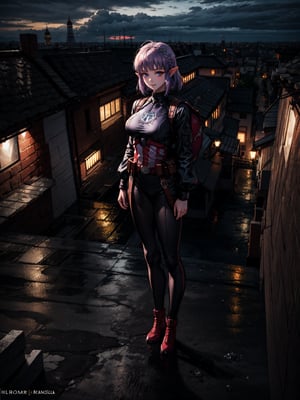 {(Princess Zelda)}, {((Captain America costume)), she has ((big breasts)), ((short purple hair, mohawk, blue eyes)) , ((doing an erotic pose)), only she is smiling and staring at the viewer, (((in the whole of a building, near the edge of the balcony, looking at the city from above, it's night, raining heavily, dark clouds in the sky))}, ((full body, standing):1.5), 16k, best quality, best resolution, best sharpness,