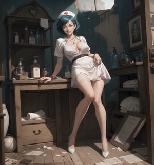 Image in a macabre style fused with elements of realism, rendered in ultra-high resolution with graphic details. | A young 20-year-old woman with short blue hair styled to the side, is positioned in an old and destroyed macabre hospital. She wears a nurse's outfit consisting of a white blouse, a white skirt with lace, white stockings, and low-cut white shoes. She also wears accessories such as a pearl necklace, a heart-shaped pendant, a silver bracelet, and a ring with a pink stone. The colors and materials are faithful to the hospital environment, with shades of white, blue, and metal. She has red eyes that gleam intensely as she looks with determination and curled lips, (((smiling))), showing her teeth, staring directly at the viewer. The facial expression is intense and challenging, and the voice tone is strong and confident. | The image highlights the imposing figure of the young woman and the architectural elements of the hospital. The wooden structures, such as beds with torn mattresses, cabinets with broken shelves, and chairs with broken legs, along with the metal structures, such as carts with rusted wheels, lamps with broken bulbs, and tables with drawers without bottoms, create a scary and desolate environment. The bathroom with a toilet, sink, and shower, wooden shelf with jars and bottles, and wooden table with books and papers, add details to the scene. The dirty and cracked walls, the ruined ceiling, and the floor full of debris, reinforce the atmosphere of fear and desolation. | Soft and dark lighting effects create a tense and desire-filled atmosphere, while detailed textures on the skin, outfit, and structures add realism to the image. | A daring and provocative scene of a young woman dressed as a nurse in an old and destroyed macabre hospital, exploring themes of desire, fear, and desolation. | (((((The image reveals a full-body_shot as she assumes a sensual_pose, leaning against a structure within the scene in an engaging and exciting manner. She assumes a relaxed_pose as she interacts, boldly leaning on a structure and leaning back in an exciting manner.))))). | ((perfect_body)), ((perfect_pose)), ((full-body_shot)), ((perfect_fingers, better_hands, perfect_hands)), ((perfect_legs, perfect_feet)), ((perfect_design)), ((perfect_composition)), ((very detailed scene, very detailed background, perfect_layout, correct_imperfections)), More Detail, Enhance