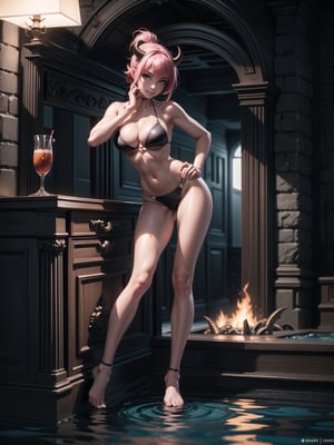 A demon woman, wearing a black cybernetic bikini with tight red bands on her body, bare feet, gigantic breasts, large horns, pink hair, extremely short hair, rebellious hair, ponytail hair, hair with bangs in front of her eye, looking at the viewer, ((((sensual pose+Interacting+leaning on anything+object+leaning against)))), in a pool in the underworld at night,  with many [altars|stone structures], demons, fire everywhere, ((full body):1.5), 16K, UHD, unreal engine 5, quality max, max resolution, ultra-realistic, ultra-detailed, maximum sharpness, ((perfect_hands):1), Goodhands-beta2, ((technological)), ((A demon woman))