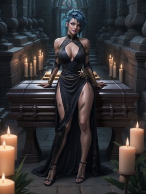 A woman, has gigantic breasts, wearing long black dress with golden bands, tight dress on the body, looking directly at the viewer, short hair, blue hair, mohawk hair, hair with bangs in front of her eyes, she is in an ancient tomb, all dirty, with large stone structures, altars, candles illuminating the place, very dark place, coffins, 16K, UHD, best possible quality, ultra detailed, best possible resolution, ultra technological, futuristic, robotic, Unreal Engine 5, professional photography, she is, ((sensual pose with interaction and leaning on anything + object + on something + leaning against)), perfect anatomy, ((full body)), better_hands. More detail