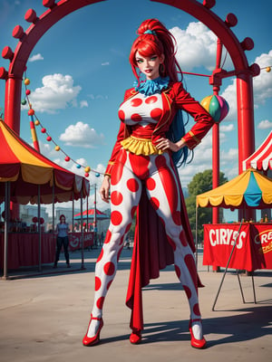 A woman, wearing a circus clown costume in a red suit, white T-shirt with blue polka dots, long red pants, red circus clown shoes, tight and tight clothing on the body, ((gigantic breasts)), blue hair, hair with ponytail, hair straight, hair with bangs in front of the eyes, looking at the viewer, (((pose with interaction and leaning on [something|an object]))), in an amusement park with many food cars, tables, toys, is in the afternoon, beautiful clouds in the sky, ((full body):1.5), 16k, UHD, best possible quality, ultra detailed, best possible resolution, Unreal Engine 5, professional photography, (perfect:1.2), ((well-detailed fingers):1.2), ((well-detailed hand):1.2), ((perfect hands):1.2), ((circus clown))