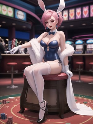 A bunny woman is wearing a white bunny costume with sashes and ribbons in blue. The costume is quite tight on the body, and she is wearing white lycra stockings and black shoes. She is also wearing bunny ears and Bunny paw gloves. She has large breasts, short pink hair, Mohawk, very short hair and shiny hair. She is looking directly at the viewer. She is in a casino in Las Vegas with lots of slot machines, lots of poker and card tables, lots of gambling tables. The casino is crowded with people with different ethnicities. ((She is striking a sensual pose, leaning on anything or object, resting and leaning against herself over it)). ((full body)), ultra futuristic, UHD, best possible quality, ultra detailed, best possible resolution, Unreal Engine 5, professional photography, perfect hand, fingers, hand, perfect, More detail,