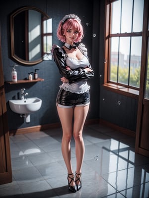 {((1woman))}, only she is {((wearing black maid attire, extremely short and tight white shorts on the body)), only elá has ((giant breasts)), ((very slick pink short hair, blue eyes)), ((staring at the viewer, smiling)), ((pose, in a bathroom under a shower, water dropping all over the body, bathroom with bathtub, toilet, sink, window with birds)},  ((full body):1.5), 16k, best quality, best resolution, best sharpness,