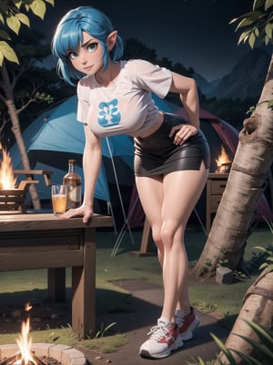 A woman, wearing a white T-shirt, black short skirt, white sneakers with red stripes, tight and short clothes, gigantic breasts, blue hair, short hair, hair with bangs in front of her eyes, (looking at the viewer), (((sensual pose+Interacting+leaning on anything+object+leaning against))) in a rainforest at night with many structures, large stones, a campsite with a campfire, tent, tree trunks, 16K, UHD, (full body:1), unreal engine 5, quality max, max resolution, ultra-realistic, ultra-detailed, maximum sharpness, ((perfect_hands)), ((perfect_legs)), zelda tears of the kingdom, Goodhands-beta2,