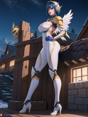 ((An eagle woman)), has gigantic breasts, is wearing mecha+robotic armor with blue parts, totally white outfit, she has ((wings on her back, wearing a helmet)), short hair, blue hair, hair with bangs in front of her eyes, she is in a village on top of the mountains at night, with many stone structures, trees, houses made of wood, large wooden structures, warcraft, 16K, UHD, best possible quality, ultra detailed, best possible resolution, ultra technological, futuristic, robotic, Unreal Engine 5, professional photography, she is ((sensual pose with interaction and leaning on anything + object + on something + leaning against)) + perfect_thighs, perfect_legs, perfect_feet, ((full body)), More detail, better_hands
