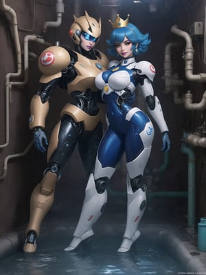 [Princess Peach], has gigantic breasts, wearing mecha suit with blue parts, totally white mecha suit, very tight mecha suit on the body, ((wearing a crown + cybernetic helmet)), short hair, blue hair, mohawk hair, hair with bangs in front of the eyes, she is in the sewer, with many pipes leaking water, luminous pipes, large pipe structures, dirty water waterfall, Super Mario Bros, 16K, UHD, best possible quality, ultra detailed, best possible resolution, ultra technological, futuristic, robotic, Unreal Engine 5, professional photography, she is ((sensual pose with interaction and leaning on anything + object + on something + leaning against)), perfect anatomy ((full body)), More detail, better_hands.