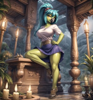 ((Image with cartoom art style, sexy anime and unreal engine 5, rendered in ultra-high resolution with realistic details):1.2). | Daiana, a sensual and mysterious 22-year-old (((female parrot))), is positioned in an ancient temple in the mountains on a rainy night. Her curvaceous body is highlighted by the school attire she wears, consisting of a white t-shirt with cufflinks, a black accordion skirt, long lycra socks reaching the height of the crotch and black shoes. Her ((green skin glows)) in the light of the candles that illuminate the place, while her feet are firmly placed on the damp floor. She has long, straight blue hair, with two long pigtails with metallic clips, which fall down her back. She has yellow eyes that stare at the viewer, with a seductive smile and a shiny black beak. She also carries a school bag on her back, adding a touch of innocence to her appearance. | Composition at a general shot angle, emphasizing the imposing figure of Daiana and the architectural elements of the temple. The rock and wooden structures, along with Daiana, the altar, pillars and ancient sculptures, create a haunting and seductive environment. The rain hitting the rocks and the wind blowing through the trees create visual effects that add depth and dynamism to the scene, while the candles lighting the place create a cozy and mysterious atmosphere. | Soft, moody lighting effects create a sensual and mysterious atmosphere, while detailed textures on the structures and costume add realism to the image. | A sensual and terrifying scene of Daiana, a female parrot, in an ancient temple in the mountains on a rainy night, fusing elements of cartoon art, sensual anime and unreal engine 5. | (((((The camera reveals a full-body-shot as she assumes a sensual-pose, engagingly leaning against a structure within the scene in an exciting manner. She takes on a sensual-pose as she interacts, boldly leaning on a structure, leaning back in an exciting way))))). | ((perfect anatomy, perfect body)), ((((perfect pose)))), ((perfect fingers, better hands, perfect hands, perfect legs, perfect feet)), (((perfect_breasts, huge_breasts))), ((perfect design, correct errors, perfect composition, very detailed scene, very detailed background, correct imperfections, perfect layout):1.2), ((More Detail, Enhance))