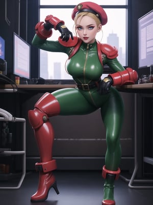 A woman, wearing an all-green latex military suit, a suit with a belt, a suit with gloves, a suit with boots, wearing a red beret, short hair, braided hair+solo hair with bangs in front of her eyes, (looking directly at the viewer), she is in a futuristic laboratory, computers, machines, destroyed robot, window showing the city, ((street fighter, street fighter cammy)), 16K, UHD, best possible quality, ultra detailed, best possible resolution, Unreal Engine 5, professional photography, she is, ((sensual pose with interaction and leaning on anything + object + on something + leaning against)) + perfect_thighs, perfect_legs, perfect_feet, better_hands, ((full body)), More detail,