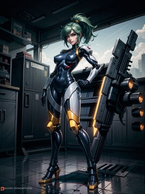 A woman, wearing mecha suit+mecha armor+Bionic armor, blue suit with blank parts, gigantic breasts, helmet with glass visor, green hair, extremely short hair, rebellious hair, hair with ponytail, hair with bangs in front of the eye, looking at the viewer, (((sensual pose+Interacting+leaning on anything+object+leaning against+existing))), in the underworld at night with many machines, robots, machines, metal structures, ((full body):1.5), 16K, UHD, Unreal Engine 5, quality max, max resolution, ultra-realistic, ultra-detailed, maximum sharpness, ((perfect_hands):1), Goodhands-beta2, [megaman, super metroid], ((mecha))