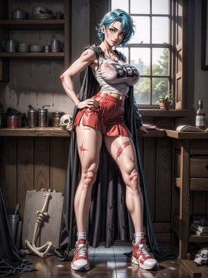 A zombie woman, wearing ((black cloak, white sleeveless T-shirt, short red skirt, all dirty+torn clothes, gigantic breasts, extremely white skin, sneakers,)), short hair, blue hair, curly hair, messy hair, hair with bangs in front of her eyes, (((looking at the viewer, sensual pose with interaction and leaning on anything+object+on something+leaning against+leaning against))) in an old house all destroyed, with old furniture, lamps illuminating the place, many dead vibos transiting, ((full body):1.5); 16K, UHD, unreal engine 5, quality max, max resolution, ultra-realistic, ultra-detailed, maximum sharpness, ((perfect_hands):1), Goodhands-beta2, ((a zombie woman+many wounds and bones appearing))
