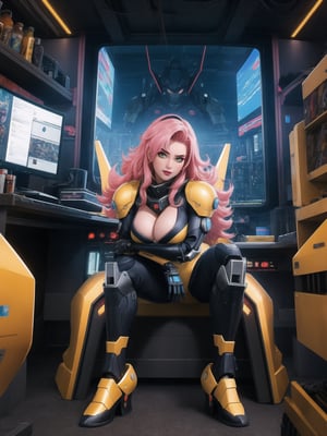 A woman, wearing an all-black mecha suit, a mecha costume with golden parts, a mecha costume with golden lights, a locks suit that is tight on the body, wearing a wick helmet with a transparent visor with lights, gigantic breasts, pink hair, ((super saiyan hair)), spiky hair, hair that is too short, messy hair, hair with bangs in front of the eyes, (looking directly at the viewer),  she's in a futuristic lab, computers, machines, window showing the city, 16K, UHD, best possible quality, ultra detailed, best possible resolution, Unreal Engine 5, professional photography, she is, ((sensual pose with interaction and leaning on anything + object + on something + leaning against)) + perfect_thighs, perfect_legs, perfect_feet, better_hands, ((full body)), More detail,