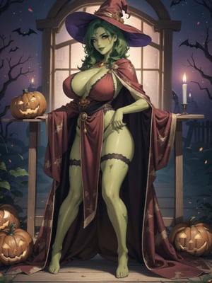 ((Solo woman with all green skin)), wearing a very long witch costume, with a red cape, ((gigantic breasts, costume covering the whole body)), wearing a witch's hat, mohawk hair, green hair, messy hair, (looking directly at the viewer), she is in an old village having a halloween party, with altars, wooden structures, pumpkins with slaps, candles illuminating the place,  many monster drawing boards, ((halloween)), 16K, UHD, best possible quality, ultra detailed, best possible resolution, Unreal Engine 5, professional photography, she is, ((sensual pose with interaction and leaning on anything + object + on something + leaning against)) + perfect_thighs, perfect_legs, perfect_feet, better_hands, ((full body)), More detail,
