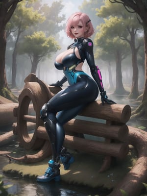 A woman, she is wearing an all-white cybernetic suit, a cybernetic suit with blue parts, a very tight cybernetic suit on her body, she has gigantic breasts, very short hair, pink hair, curly hair, hair with bangs in front of her eyes, she is looking directly at the viewer. She is in a magical forest with lots of trees, wooden structures, big tree trunks. It's night, there are many altars with ancient relics and a large pond, ((full body)), UHD, best possible quality, ultra detailed, best possible resolution, ultra technological, Unreal Engine 5, professional photography, she is doing (sensual pose with interaction and leaning on anything) + (object + on something + leaning against), perfect, More detail,
