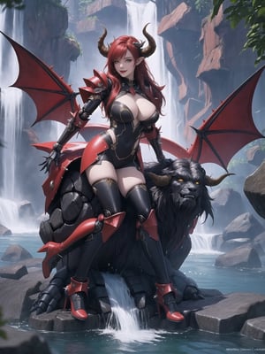 ((A demon woman)), has gigantic breasts, is wearing mecha costume+robotic armor with parts in red, totally black costume, she has, red hair, spiky hair, hair with bangs covering her eyes, ((horns)), she is, in the underworld, with many machines large stone structures, waterfall with dirty water, monsters , warcraft, 16K, UHD, best possible quality, ultra detailed, best possible resolution, ultra technological, futuristic, robotics, Unreal Engine 5, professional photography, she is, ((sensual pose with interaction and leaning on anything + object + on something + leaning against)) + perfect_thighs, perfect_legs, perfect_feet, ((full body)), more detail, better_hands
