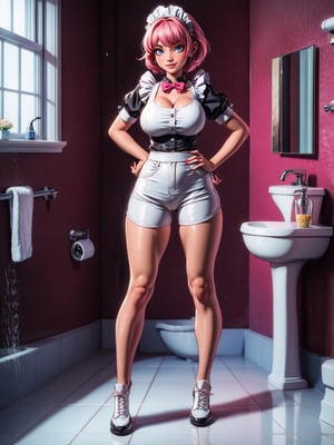 {((1woman))}, only she is {((wearing black maid attire, extremely short and tight white shorts on the body)), only elá has ((giant breasts)), ((very slick pink short hair, blue eyes)), ((staring at the viewer, smiling)), ((pose, in a bathroom, shower, bath, toilet, sink, window, bathroom full of foam))}, ((full body):1.5), 16k, best quality, best resolution, best sharpness,