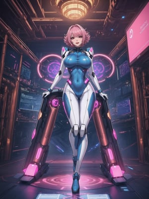 A woman there, wearing a mecha costume, an all-white outfit, a costume with blue parts, very tight costume on the body,  she has gigantic breasts, very short hair, pink hair, curly hair, hair with bangs in front of her eyes, she is looking directly at the viewer, she is in a futuristic laboratory, with large technological structures, computers, futuristic machines, light pipes, robots, super metroid, ((full body)),  UHD, best possible quality, ultra detailed, best possible resolution, ultra technological, Unreal Engine 5, professional photography, ((she is doing sensual pose, with interaction and leaning on anything, structures+object+on something+leaning against)), perfect, More detail,