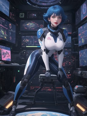 (Princess Peach), wearing a mecha suit with blue parts, all white suit, cybernetic armor suit, suit with attached lights, gigantic breasts, full body covering suit, suit very tight on the body, synthetic suit, very short hair, blue hair, mohawk hair, hair with bangs in front of the eyes, she's looking directly at the viewer, she is in an alien aircraft in the control room, with many computers, control panels, display showing outer space, mecha robots, pipes with flowing electricity, UHD, best possible quality, ultra detailed, best possible resolution, ultra technological, futuristic, robotic, Unreal Engine 5, professional photography, ((she is doing sensual pose with interaction and leaning on anything + object + on something + leaning against)), ((full body)), better hands, More detail,