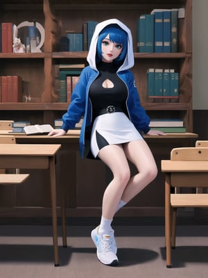 A woman is wearing a blue coat with a hood covering her head, a white T-shirt, a very short black skirt, knee-length lycra socks and white sneakers. The outfit is very tight on the body and her breasts are gigantic. She has blue hair, short in chanel style, with a very long fringe covering her left eye. She is looking directly at the viewer. She is inside a classroom, with a blackboard, tables with chairs, bookshelves with books and windows. There are many structures around, ((A woman is striking a sensual pose, interacting and leaning on any available object/structure in the scene)). maximum sharpness, UHD, 16k, anime style, best possible quality, ultra detailed, best possible resolution, (full body:1.5), Unreal Engine 5, professional photography, perfect_thighs, perfect_legs, perfect_feet, perfect hand, fingers, hand, perfect, better_hands, more detail