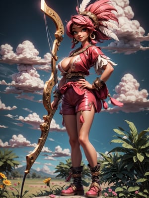 ((full body, standing):1.5), {((1 woman))}, {((wearing brown leather indian clothes, extremely tight and short in the body, short leather shorts and short velvet)), ((big breasts):1.5), ((short pink hair, mohawk, sparkling blue eyes, wearing small feathered headdress)), ((looking at viewer, maniacal smile, making erotic pose, holding a bow and arrow)) , ((in an indigenous village, cloudy sky, it's daytime, plants and flowers, Indians of different ethnicities))}, 16k, ultra quality, ultra detailed, maximum resolution, best sharpness