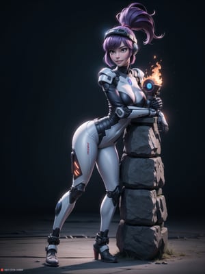 A woman, wearing white cybernetic armor with tight and tight red areas, gigantic breasts, wearing helmet with visor, purple hair, extremely short hair, rebellious hair, hair with ponytail, hair with bangs in front of the eye, looking at the viewer, (((sensual pose+Interacting+leaning on anything+object+leaning against))), on a battlefield with machines, stone structures, military vehicles, fire everywhere, ((full body):1.5), 16K, UHD, unreal engine 5, quality max, max resolution, ultra-realistic, ultra-detailed, maximum sharpness, ((perfect_hands):1), Goodhands-beta2, ((technological))