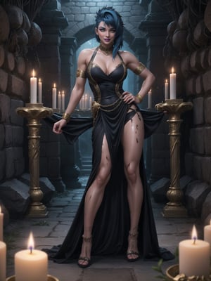 A woman, has gigantic breasts, wearing long black dress with golden bands, tight dress on the body, looking directly at the viewer, short hair, blue hair, mohawk hair, hair with bangs in front of her eyes, she is in an ancient tomb, all dirty, with large stone structures, altars, candles illuminating the place, very dark place, coffins, 16K, UHD, best possible quality, ultra detailed, best possible resolution, ultra technological, futuristic, robotic, Unreal Engine 5, professional photography, she is, ((sensual pose with interaction and leaning on anything + object + on something + leaning against)), perfect anatomy, ((full body)), better_hands. More detail