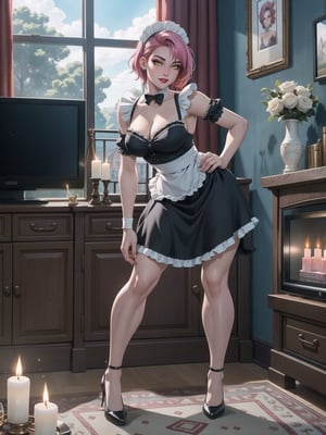 A woman, wearing costume of ((maid)) all black with white parts, white skirt with ruffle, very short hair, pink hair, (mohawk hair), hair with bangs in front of the eyes, (looking at the viewer), (((sensual pose with interaction and leaning on anything+object+on something + leaning against))) in an apartment, with furniture, 1 + floor + chair, Plasma TV, refrigerator, table, bed, open window, candles illuminating the place, 16K, UHD, (full body:1.5), unreal engine 5, ultra technological, quality max, max resolution, More detail, ultra-realistic, ultra-detailed, maximum sharpness, perfect_hands, better_hands,