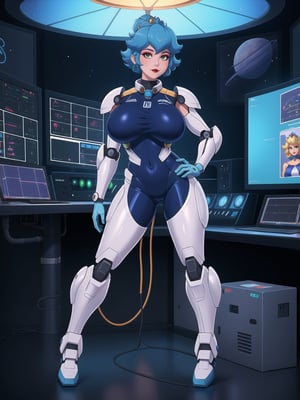 ((Princess Peach)), wearing a mecha suit with blue parts, all white suit, cybernetic armor suit, suit with attached lights, ((gigantic breasts)), full body covering suit, suit very tight on the body, synthetic suit, very short hair, blue hair, mohawk hair, hair with bangs in front of the eyes, she's looking directly at the viewer, she is in an alien aircraft in the control room, with many computers, control panels, display showing outer space, mecha robots, pipes with flowing electricity, UHD, best possible quality, ultra detailed, best possible resolution, ultra technological, futuristic, robotic, Unreal Engine 5, professional photography, ((she is doing sensual pose with interaction and leaning on anything+object+on something+leaning against)), ((full body)), better hands, More detail,
