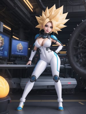 A kawaii woman, wearing cybernetic suit + robotic armor + all-white latex suit, with blue and yellow parts, gigantic breasts, blue hair, ((super saiyan hair)), spiky hair, hair with bangs in front of the eyes, (looking directly at the viewer), she is on an airplane, machines, computers, people with different ethnicities, 16K, UHD, best possible quality,  ultra detailed, best possible resolution, Unreal Engine 5, professional photography,, she is, ((sensual pose with interaction and leaning on anything + object + on something + leaning against)) + perfect_thighs, perfect_legs, perfect_feet, better_hands, (((full body))), More detail,