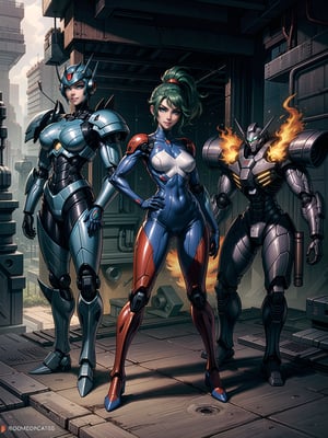 A woman, wearing mecha suit+mecha armor+Bionic armor, blue suit with blank parts, gigantic breasts, helmet with glass visor, green hair, extremely short hair, rebellious hair, hair with ponytail, hair with bangs in front of the eye, looking at the viewer, (((sensual pose+Interacting+leaning on anything+object+leaning against+existing))), in the underworld at night with many machines, robots, machines, metal structures, ((full body):1.5), 16K, UHD, Unreal Engine 5, quality max, max resolution, ultra-realistic, ultra-detailed, maximum sharpness, ((perfect_hands):1), Goodhands-beta2, [megaman, super metroid], ((mecha))