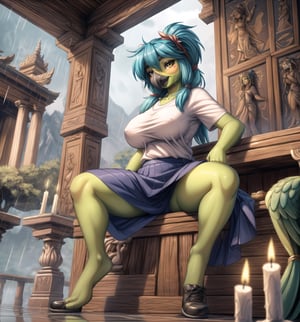 ((Image with cartoom art style, sexy anime and unreal engine 5, rendered in ultra-high resolution with realistic details):1.2). | Daiana, a sensual and mysterious 22-year-old (((female parrot))), is positioned in an ancient temple in the mountains on a rainy night. Her curvaceous body is highlighted by the school attire she wears, consisting of a white t-shirt with cufflinks, a black accordion skirt, long lycra socks reaching the height of the crotch and black shoes. Her ((green skin glows)) in the light of the candles that illuminate the place, while her feet are firmly placed on the damp floor. She has long, straight blue hair, with two long pigtails with metallic clips, which fall down her back. She has yellow eyes that stare at the viewer, with a seductive smile and a shiny black beak. She also carries a school bag on her back, adding a touch of innocence to her appearance. | Composition at a general shot angle, emphasizing the imposing figure of Daiana and the architectural elements of the temple. The rock and wooden structures, along with Daiana, the altar, pillars and ancient sculptures, create a haunting and seductive environment. The rain hitting the rocks and the wind blowing through the trees create visual effects that add depth and dynamism to the scene, while the candles lighting the place create a cozy and mysterious atmosphere. | Soft, moody lighting effects create a sensual and mysterious atmosphere, while detailed textures on the structures and costume add realism to the image. | A sensual and terrifying scene of Daiana, a female parrot, in an ancient temple in the mountains on a rainy night, fusing elements of cartoon art, sensual anime and unreal engine 5. | (((((The camera reveals a full-body-shot as she assumes a sensual-pose, engagingly leaning against a structure within the scene in an exciting manner. She takes on a sensual-pose as she interacts, boldly leaning on a structure, leaning back in an exciting way))))). | ((perfect anatomy, perfect body)), ((((perfect pose)))), ((perfect fingers, better hands, perfect hands, perfect legs, perfect feet)), (((perfect_breasts, huge_breasts))), ((perfect design, correct errors, perfect composition, very detailed scene, very detailed background, correct imperfections, perfect layout):1.2), ((More Detail, Enhance))