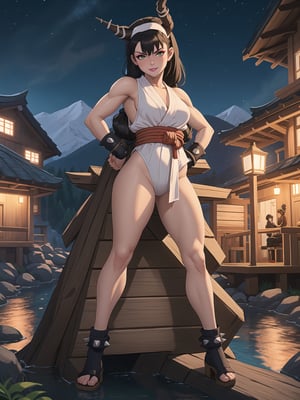 A ninja woman, wearing light brown ninja costume, wearing headdress, white bands tied on arms and legs, black hair, spiky hair, hair with bangs in front of her eyes, she is a ninja village in the mountains at night, with many wooden sturras, with a small stream, 16K, UHD, best possible quality, ultra detailed, best possible resolution, ultra technological, futuristic, robotic, Unreal Engine 5, professional photography, she is, ((sensual pose with interaction and leaning on anything + object + on something + leaning against)) + perfect_thighs, perfect_legs, perfect_feet, better_hands, ((full body, ibuki street fighter)), More detail,