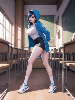 A woman is wearing a blue coat with a hood covering her head, a white T-shirt, a very short black skirt, knee-length lycra socks and white sneakers. The outfit is very tight on the body and her breasts are gigantic. She has blue hair, short in chanel style, with a very long fringe covering her left eye. She is looking directly at the viewer. She is inside a classroom, with a blackboard, tables with chairs, bookshelves with books and windows. There are many structures around. ((A woman doing a sensual pose with interaction and leaning on anything+object+on something+structure+leaning against+sensual pose)), maximum sharpness, super_metroid, UHD, 16k, best possible quality, ultra detailed, best possible resolution, (full body:1.5), Unreal Engine 5, professional photography, perfect_thighs, perfect_legs, perfect_feet, perfect hand, fingers, hand, perfect, better_hands, more detail