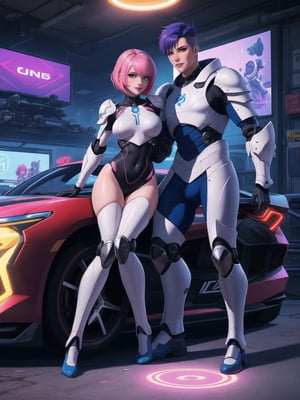 A woman, giant breasts, with wosawe cyber Armor All White, wosawe cyber armor small parts in blue, wosawe cyber armor with lights attached, pink hair, short hair, hair with bangs in front of her eyes, she is a garage, with many futuristic cars, food machines, video games, 16K, UHD, best possible quality, ultra detailed, best possible resolution, ultra technological, cyberpunk, robotic, Unreal Engine 5, professional photography, she is,  ((sensual pose with interaction and leaning on anything + object + on something + leaning against)) + perfect_thighs, perfect_legs, perfect_feet, better_hands, ((full body)), More detail,