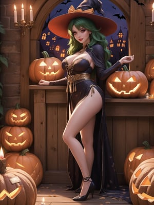 Solo woman, wearing a very long witch costume, gigantic breasts, wearing a witch's hat, mohawk hair, green hair, messy hair, (looking directly at the viewer), she is in an old village having a halloween party, with altars, wooden structures, pumpkins with slaps, candles illuminating the place,  many monster drawing boards, halloween, warcraft, 16K, UHD, best possible quality, ultra detailed, best possible resolution, Unreal Engine 5, professional photography, she is, ((extroverted pose with interaction and leaning on anything + object + on something + leaning against)) + perfect_thighs, perfect_legs, perfect_feet, better_hands, ((full body)), More detail,