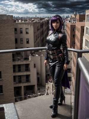 ((full body, standing):1.5), {(Princess Zelda)}, {((Captain America costume)), she has ((big breasts)), ((short purple hair, mohawk, blue eyes)) , ((doing an erotic pose)), only she is smiling and staring at the viewer, (((in the whole of a building, near the edge of the balcony, looking at the city from above, it's night, raining heavily, dark clouds in the sky))}, 16k, best quality, best resolution, best sharpness,