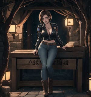 An ultra-detailed 16K masterpiece of horror and ((resident evil 3)), rendered in ultra-high resolution with stunning graphical detail. | Jill Valentine, a beautiful 28-year-old woman, is dressed in a sexy and modern detective outfit consisting of a leather jacket, jeans, black boots and a white shirt. Her short brown hair is styled into a bob, with a loose strand of hair falling in front. Her green eyes look out at the viewer, ((smiling seductively and showing her teeth)), with red lipstick and war paint on her face. It is located in a macabre cave, with ancient temple structures, rock structures, marble structures and wooden structures all around. Lamps illuminate the environment, creating ominous shadows on the cave walls. The air is cold and damp, with a musty, dusty smell coming from deep within the cave. | The image highlights Jill Valentine's sensual figure and the frightening elements of the macabre cave. The ancient temple structures, rock structures, marble structures and wooden structures create a dark and spooky environment. The lighting from the lanterns creates dramatic shadows and highlights the details of the scene. | Soft, shadowy lighting effects create a tense, fear-filled atmosphere, while rough, detailed textures on structures and costume add resident evil 3 to the image. | A sensual and frightening scene of Jill Valentine, a beautiful woman dressed as a sexy detective in a macabre cave, exploring themes of horror, seduction and survival. | (((The image reveals a full-body shot as Jill Valentine assumes a sensual pose, engagingly leaning against a structure within the scene in an exciting manner. She takes on a sensual pose as she interacts, boldly leaning on a structure, leaning back and boldly throwing herself onto the structure, reclining back in an exhilarating way.))). | ((((full-body shot)))), ((perfect pose)), ((perfect limbs, perfect fingers, better hands, perfect hands, hands))++, ((perfect legs, perfect feet))++, ((huge breasts)), ((perfect design)), ((perfect composition)), ((very detailed scene, very detailed background, perfect layout, correct imperfections)), Enhance++, Ultra details++, More Detail++