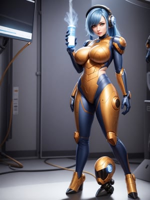 A woman, wearing white wick suit with blue lights, very tight suit on the body with robotic parts, (gigantic breasts), blue hair, very short hair, straight hair, mohawk hair, hair with bangs in front of the eyes, looking at the viewer, in a laboratory, with machines, computers, robots, windows, luminous pipes, ((([pose with interaction and leaning on something|pose with interaction and leaning on an object]))),  ((full body):1.5), 16k, UHD, best possible quality, ultra detailed, best possible resolution, Unreal Engine 5, professional photography, well-detailed fingers, well-detailed hand, perfect_hands, perfect, (((megaman, super metroid)))