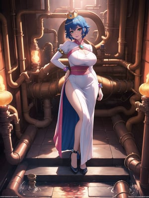 Princess Peach, has gigantic breasts, wearing long all white dress with pink sashes, tight dress on the body, looking directly at the viewer, ((wearing a crown)), short hair, blue hair, mohawk hair, hair with bangs in front of her eyes, she is in a house all made of colored pipes, with furniture made of pipes, large pipes with running water, Super Mario Bros, 16K, UHD, best possible quality, ultra detailed, best possible resolution, ultra technological, futuristic, robotic, Unreal Engine 5, professional photography, she is, ((sensual pose with interaction and leaning on anything + object + on something + leaning against)), perfect anatomy, ((full body)), better_hands, More detail,