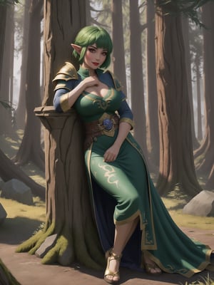 A woman wearing a tight-fitting golden medieval armor with gigantic breasts, green hair with bangs in front of her eyes and very short hair is staring fixedly at the viewer. She is in a completely destroyed castle with many moss-covered stone structures, trees, tree trunks, stone pillars with ancient inscriptions and lots of vegetation. ((She is striking a sensual pose, leaning on anything or object, resting and leaning against herself over it)). ((full body)), warcraft, legend_of_zelda, UHD, best possible quality, ultra detailed, best possible resolution, Unreal Engine 5, professional photography, perfect hand, fingers, hand, perfect, More detail,