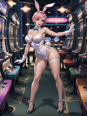 A bunny woman is wearing a white bunny costume with sashes and ribbons in blue. The costume is quite tight on the body, and she is wearing white lycra stockings and black shoes. She is also wearing bunny ears and Bunny paw gloves. She has large breasts, short pink hair, Mohawk, very short hair and shiny hair. She is looking directly at the viewer. She is in a casino in Las Vegas with lots of slot machines, lots of poker and card tables, lots of gambling tables. The casino is crowded with people with different ethnicities. ((She is striking a sensual pose, leaning against any object or thing, resting and supporting herself on the element of the scene)). ((full body)), ultra futuristic, UHD, best possible quality, ultra detailed, best possible resolution, Unreal Engine 5, professional photography, perfect hand, fingers, hand, perfect, More detail,