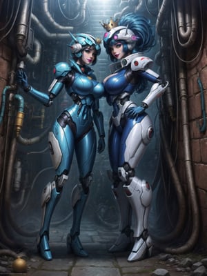 [Princess Peach], has gigantic breasts, wearing mecha suit with blue parts, totally white mecha suit, very tight mecha suit on the body, wearing a (crown+cybernetic helmet), short hair, blue hair, mohawk hair, hair with bangs in front of the eyes, she is in a dungeon, with many pipes, large stone structures, machines, monsters, dirty water waterfall, Super Mario Bros, super metroid, 16K, UHD, best possible quality, ultra detailed, best possible resolution, ultra technological, futuristic, robotic, Unreal Engine 5, professional photography, she is ((sensual pose with interaction and leaning on anything + object + on something + leaning against)), perfect anatomy, ((full body)), More detail, better_hands.