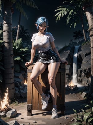 A woman, wearing a white T-shirt, black short skirt, white sneakers with red stripes, tight and short clothes, gigantic breasts, blue hair, short hair, hair with bangs in front of her eyes, (looking at the viewer), (((sensual pose+Interacting+leaning on anything+object+leaning against))) in a rainforest at night with many structures, large stones, a campsite with a campfire, tent, tree trunks, 16K, UHD, unreal engine 5, (full body:1), quality max, max resolution, ultra-realistic, ultra-detailed, maximum sharpness, ((perfect_hands)), ((perfect_legs)), zelda tears of the kingdom, Goodhands-beta2,