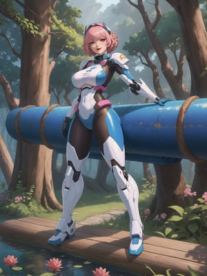 A woman is wearing an all-white mecha suit with blue parts. The mecha suit is very tight on her body, she has gigantic breasts. She has very short, pink, curly hair, with bangs in front of her eyes. She is looking directly at the viewer. She is in a magical forest with lots of trees, wooden structures and large tree trunks. It's night, there are many altars with ancient relics and a large pond, ((full body)), UHD, best possible quality, ultra detailed, best possible resolution, ultra technological, Unreal Engine 5, professional photography, she is doing (sensual pose with interaction and leaning on anything) + (object + on something + leaning against), perfect, More detail,