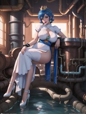 Princess Peach, has gigantic breasts, wearing long all white dress with pink sashes, tight dress on the body, looking directly at the viewer, ((wearing a crown)), short hair, blue hair, mohawk hair, hair with bangs in front of her eyes, she is in a house all made of colored pipes, with furniture made of pipes, large pipes with running water, ((Super Mario Bros)), 16K, UHD, best possible quality, ultra detailed, best possible resolution, ultra technological, futuristic, robotic, Unreal Engine 5, professional photography, she is, ((sensual pose with interaction and leaning on anything + object + on something + leaning against)), perfect anatomy, ((full body)), better_hands, More detail,