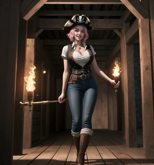 A pirate-adventure masterpiece, rendered in ultra-detailed 8K with vibrant, realistic details. | Rose, a young 23-year-old woman, is dressed in a pirate costume consisting of a white shirt, black vest, brown pants, leather boots, gloves, belt with pockets, sword and a pirate hat. Her short ((pink hair)) is styled in a modern and stylish cut, with tousled braids. She has golden eyes, ((looking at the viewer while smiling and showing her teeth)), wearing red lipstick. It is located inside a pirate prison inside a pirate ship, with wooden structures, metal bars, cannons and metal structures. The laparinas on the walls add to the dark and threatening atmosphere of the place. The light from the torches illuminates the room, creating ominous shadows on the walls. | The image highlights Rose's attractive figure and the architectural elements of the pirate prison. The wooden structures, together with the metal railings, cannons and metal structures, create a dark and threatening environment. The laparinas on the walls enhance the dark and threatening atmosphere of the scene. The torchlight creating ominous shadows on the walls highlights the tension and fear in the scene. | Soft, shadowy lighting effects create a tense, fear-filled atmosphere, while rough, detailed textures on structures and clothing add realism to the image. | A terrifying scene of a young female pirate inside a pirate prison, exploring themes of adventure, pirates and fear. | (((The image reveals a full-body shot as Rose assumes a sensual pose, engagingly leaning against a structure within the scene in an exciting manner. She takes on a sensual pose as she interacts, boldly leaning on a structure, leaning back and boldly throwing herself onto the structure, reclining back in an exhilarating way.))). | ((((full-body shot)))), ((perfect pose)), ((perfect arms):1.2), ((perfect limbs, perfect fingers, better hands, perfect hands, hands)), ((perfect legs, perfect feet):1.2), ((huge breasts)), ((perfect design)), ((perfect composition)), ((very detailed scene, very detailed background, perfect layout, correct imperfections)), Enhance, Ultra details++, More Detail, poakl