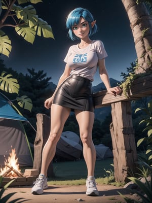 A woman, wearing a white T-shirt, black short skirt, white sneakers with red stripes, tight and short clothes, gigantic breasts, blue hair, short hair, hair with bangs in front of her eyes, (looking at the viewer), (((sensual pose+Interacting+leaning on anything+object+leaning against))) in a rainforest at night with many structures, large stones, a campsite with a campfire, tent, tree trunks, 16K, UHD, (full body:1), unreal engine 5, quality max, max resolution, ultra-realistic, ultra-detailed, maximum sharpness, ((perfect_hands)), ((perfect_legs)), zelda tears of the kingdom, Goodhands-beta2,