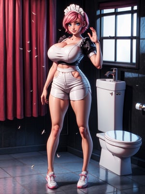 {((1woman))}, only she is {((wearing black maid attire, extremely short and tight white shorts on the body)), only elá has ((giant breasts)), ((very slick pink short hair, blue eyes)), ((staring at the viewer, smiling)), ((pose, in a bathroom, shower, bath, toilet, sink, window with birds)}, ((full body):1.5), 16k, best quality, best resolution, best sharpness,