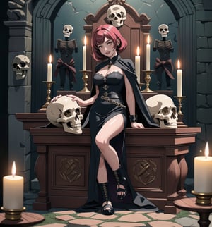 An ultra-detailed 16K masterpiece with fantasy and adventure stylings, rendered in ultra-high resolution with impressive graphic detail. Darla, a 23-year-old young woman, is wearing an executioner's outfit consisting of a black suit, a black cape, black boots and black gloves. Her short pink hair is styled in a Mohican cut, with gradient effects. She has golden eyes, looking at the viewer while smiling, showing her teeth and wearing red lipstick. She is located inside an ancient castle, destroyed, old, filthy, with rock structures, wooden structures, ancient structures, tombstones, skulls and skeletons. The atmosphere is mysterious and tense, with melted wax candles, a stone sarcophagus and bones scattered across the floor. The image emphasises the imposing figure of Darla and the architectural elements of the castle. The rocky, wooden and ancient structures, together with the skulls and skeletons, create a spooky and mysterious atmosphere. The melted wax candles and stone sarcophagus add a gothic touch to the scene. Soft, sombre lighting effects create a tense, mysterious atmosphere, while rough, detailed textures on the structures and costume add realism to the image. | A tense and mysterious scene of a young woman dressed as an executioner in an old, destroyed castle, fusing elements of fantasy and adventure. (((The image reveals a full-body shot as Darla assumes a sensual pose, engagingly leaning against a structure within the scene in an exciting manner. She takes on a sensual pose as she interacts, boldly leaning on a structure, leaning back and boldly throwing herself onto the structure, reclining back in an exhilarating way.)). | ((((full-body shot)))), ((perfect pose)), ((perfect arms):1.2), ((perfect limbs, perfect fingers, better hands, perfect hands, hands)), ((perfect legs, perfect feet):1.2), ((perfect design)), ((perfect composition)), ((very detailed scene, very detailed background, perfect layout, correct imperfections)), Enhance, Ultra details++, More Detail, poakl